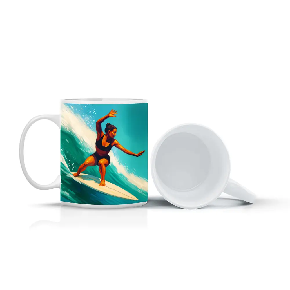 Woman Surfing Big Teal Ocean Wave Art – Mugs