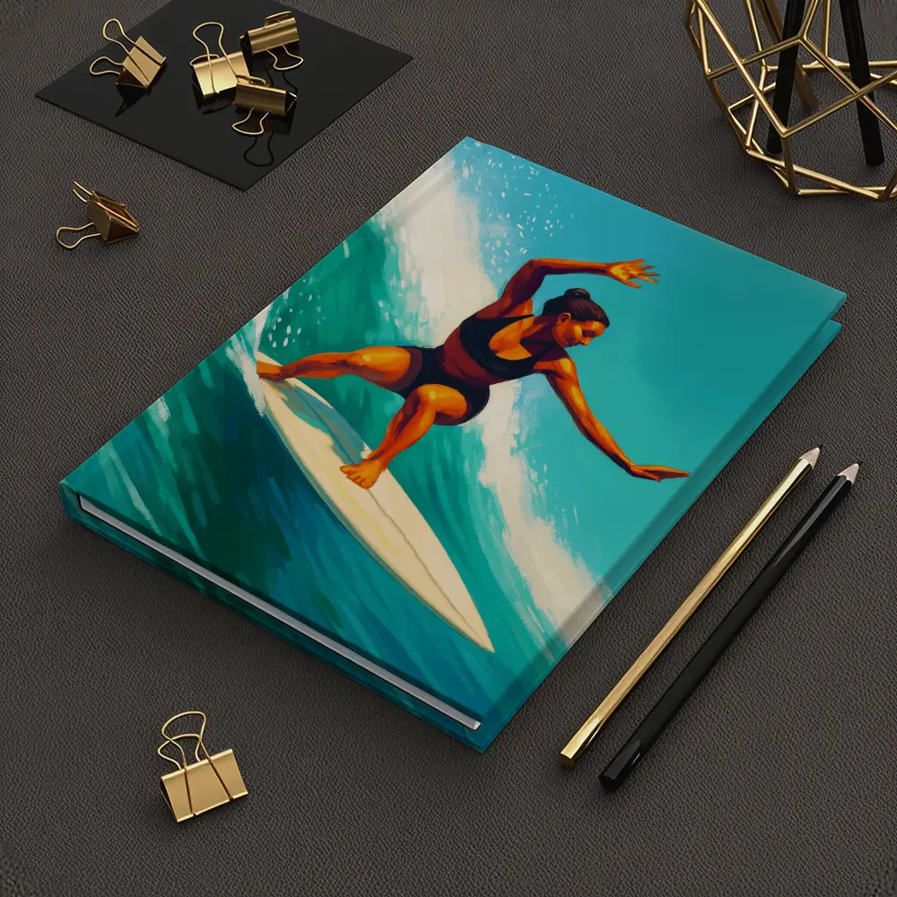 Woman Surfing Big Teal Ocean Wave Art – Notebooks