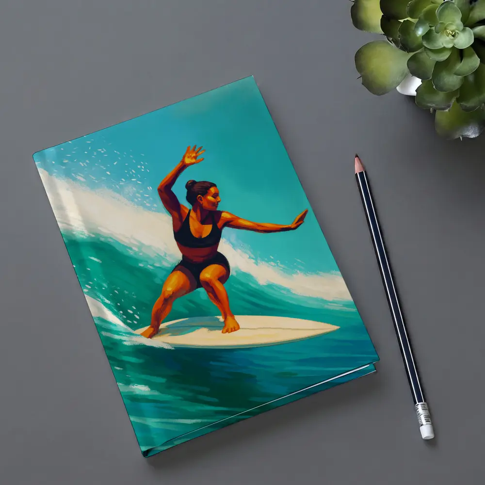 Woman Surfing Big Teal Ocean Wave Art – Notebooks