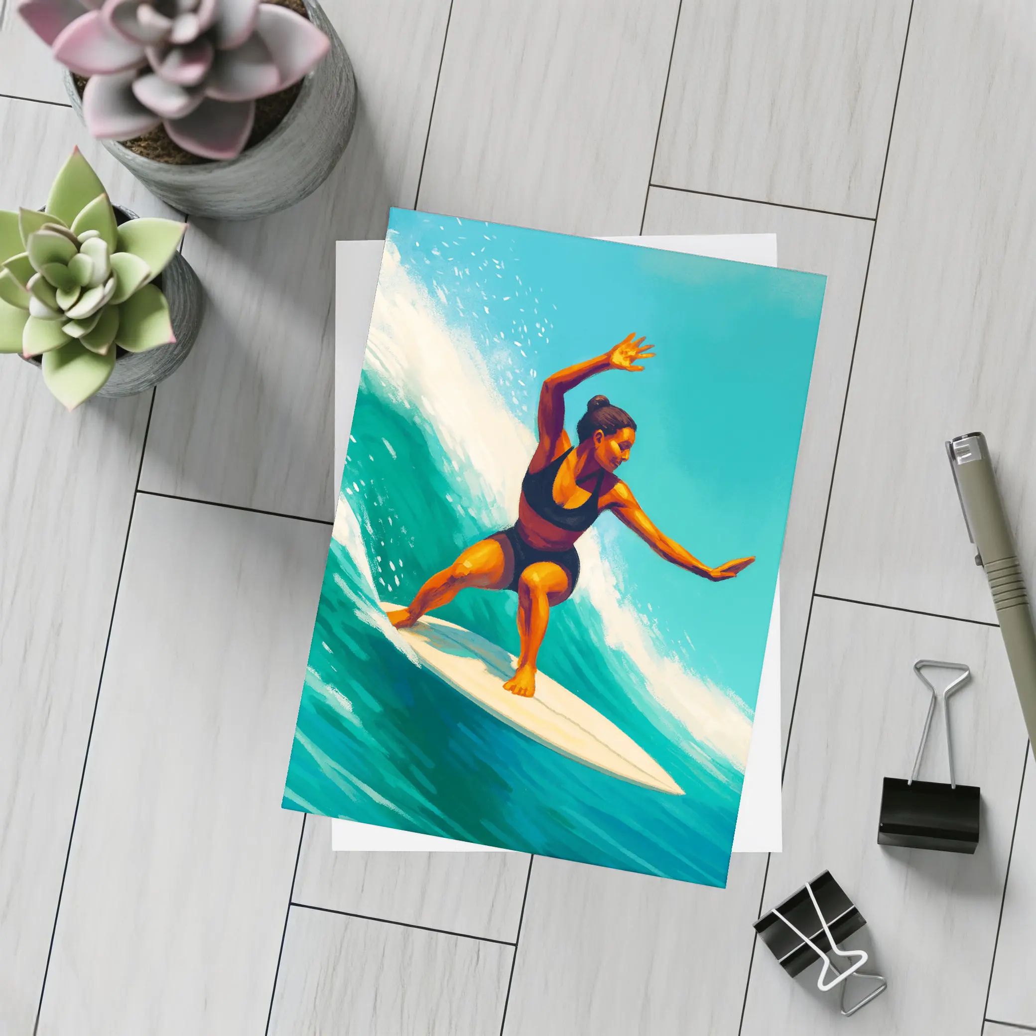 Woman Surfing Big Teal Ocean Wave Art – Postcards