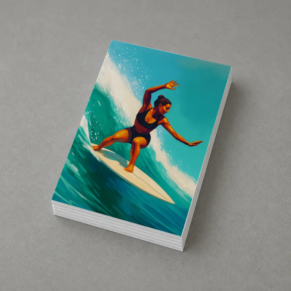 Woman Surfing Big Teal Ocean Wave Art – Postcards