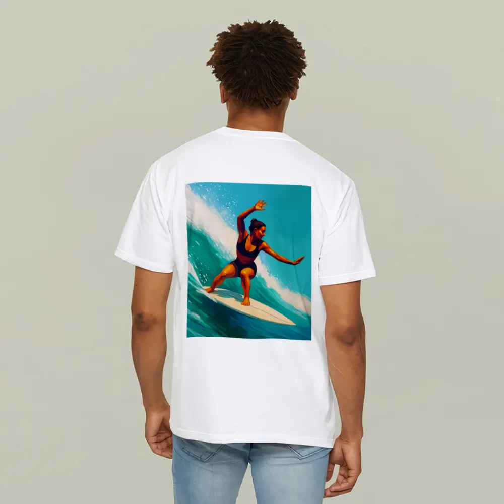 Woman Surfing Big Teal Ocean Wave Art – T-Shirts