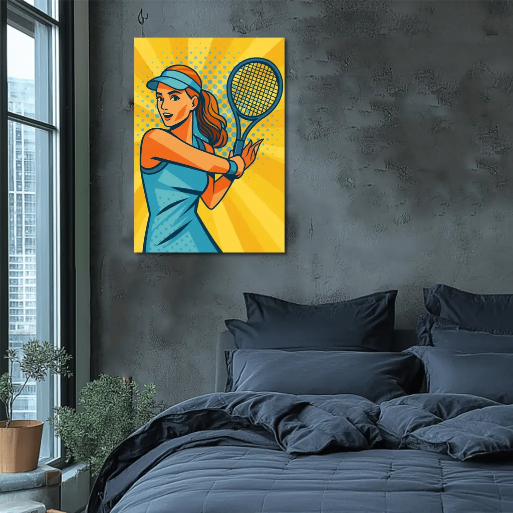 Pop Art Tennis Woman Yellow Burst Background – Wall Art