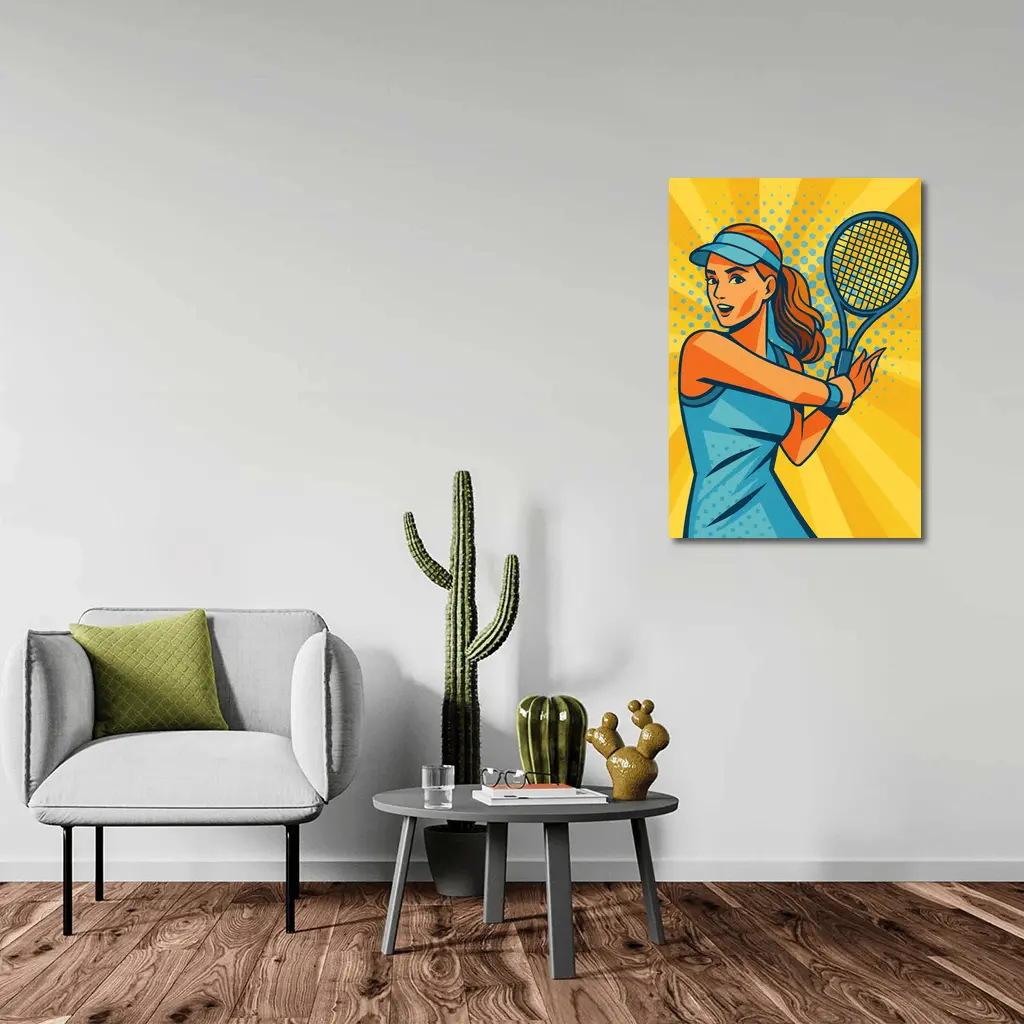 Pop Art Tennis Woman Yellow Burst Background – Wall Art