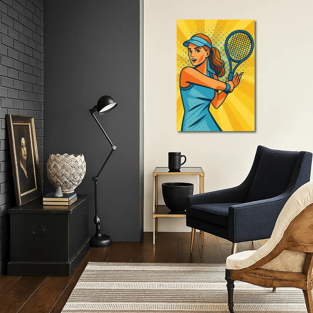 Pop Art Tennis Woman Yellow Burst Background – Wall Art