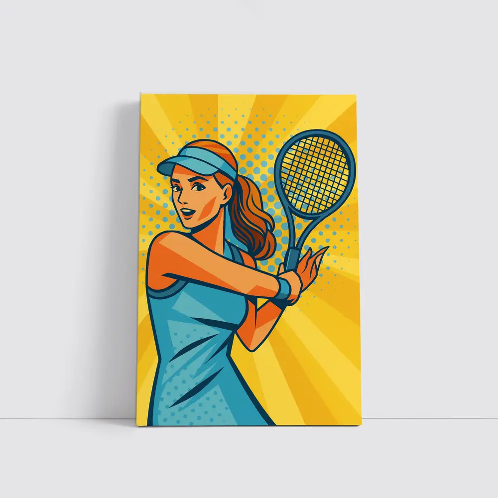 Pop Art Tennis Woman Yellow Burst Background – Wall Art