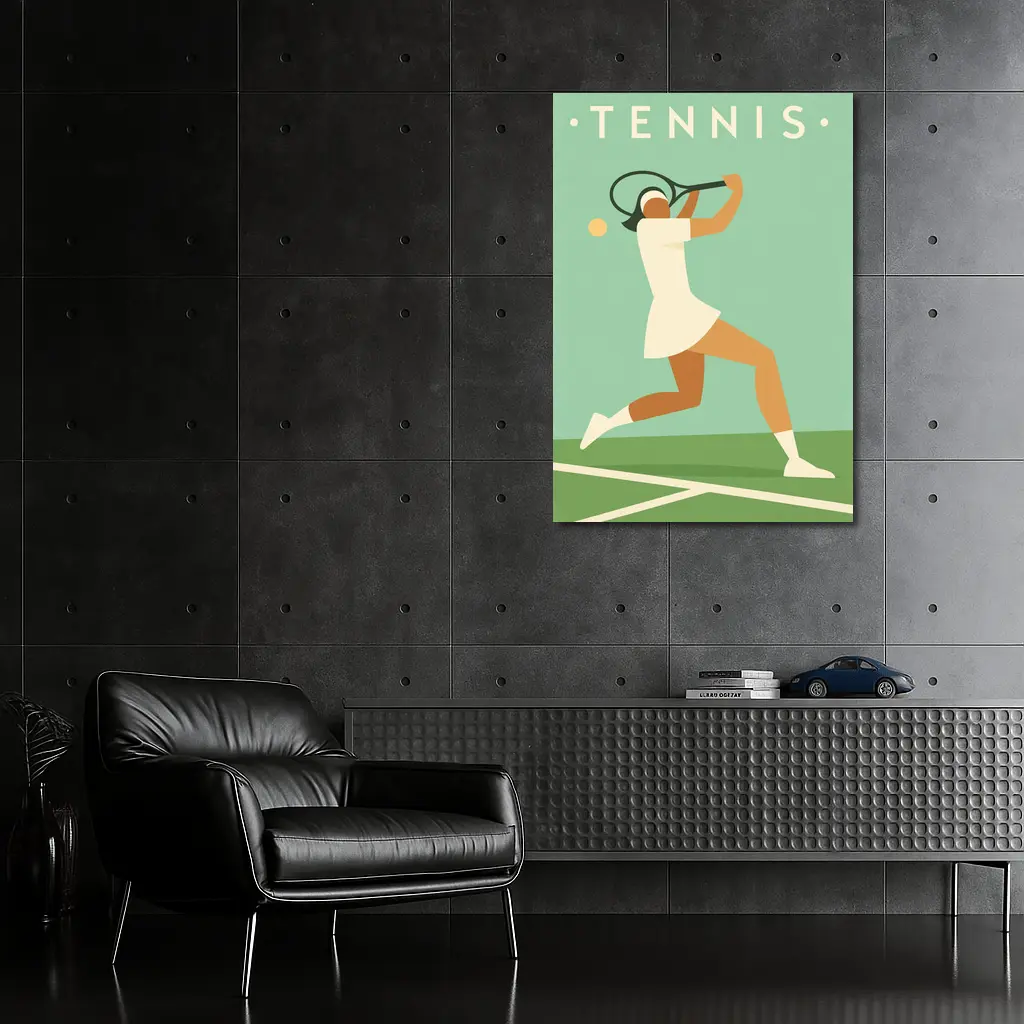 Retro Tennis Player Flat Art Green Court – Wall Art