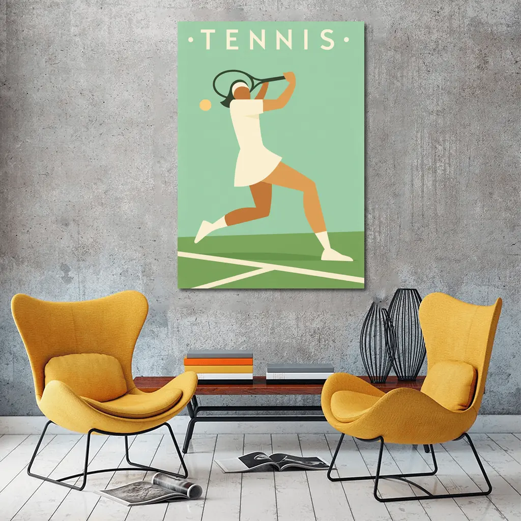 Retro Tennis Player Flat Art Green Court – Wall Art