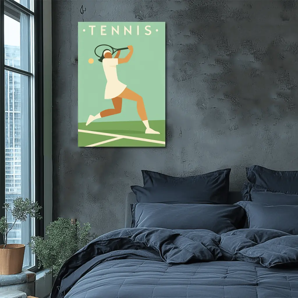 Retro Tennis Player Flat Art Green Court – Wall Art