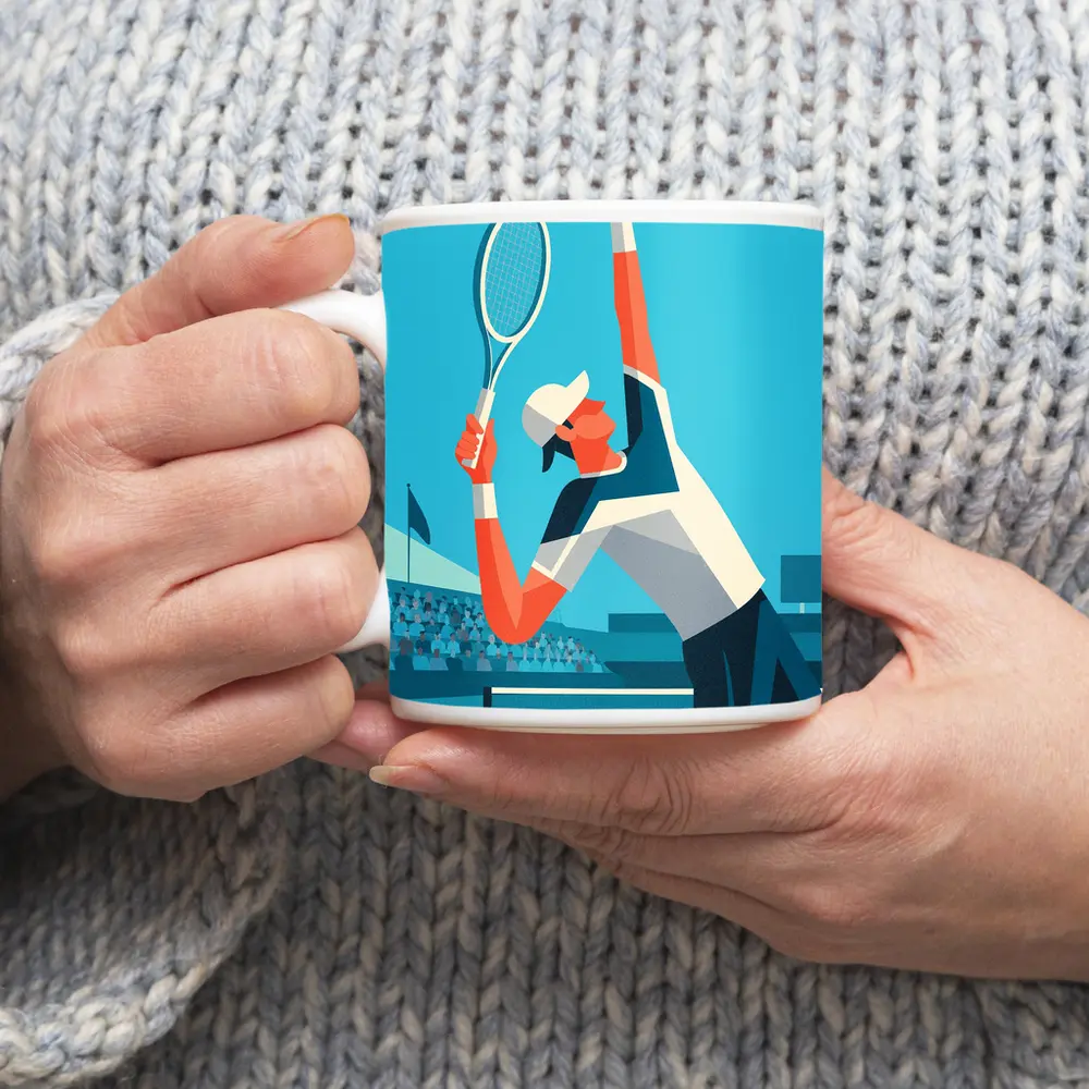 Tennis Player Serving On Blue Court – Mugs
