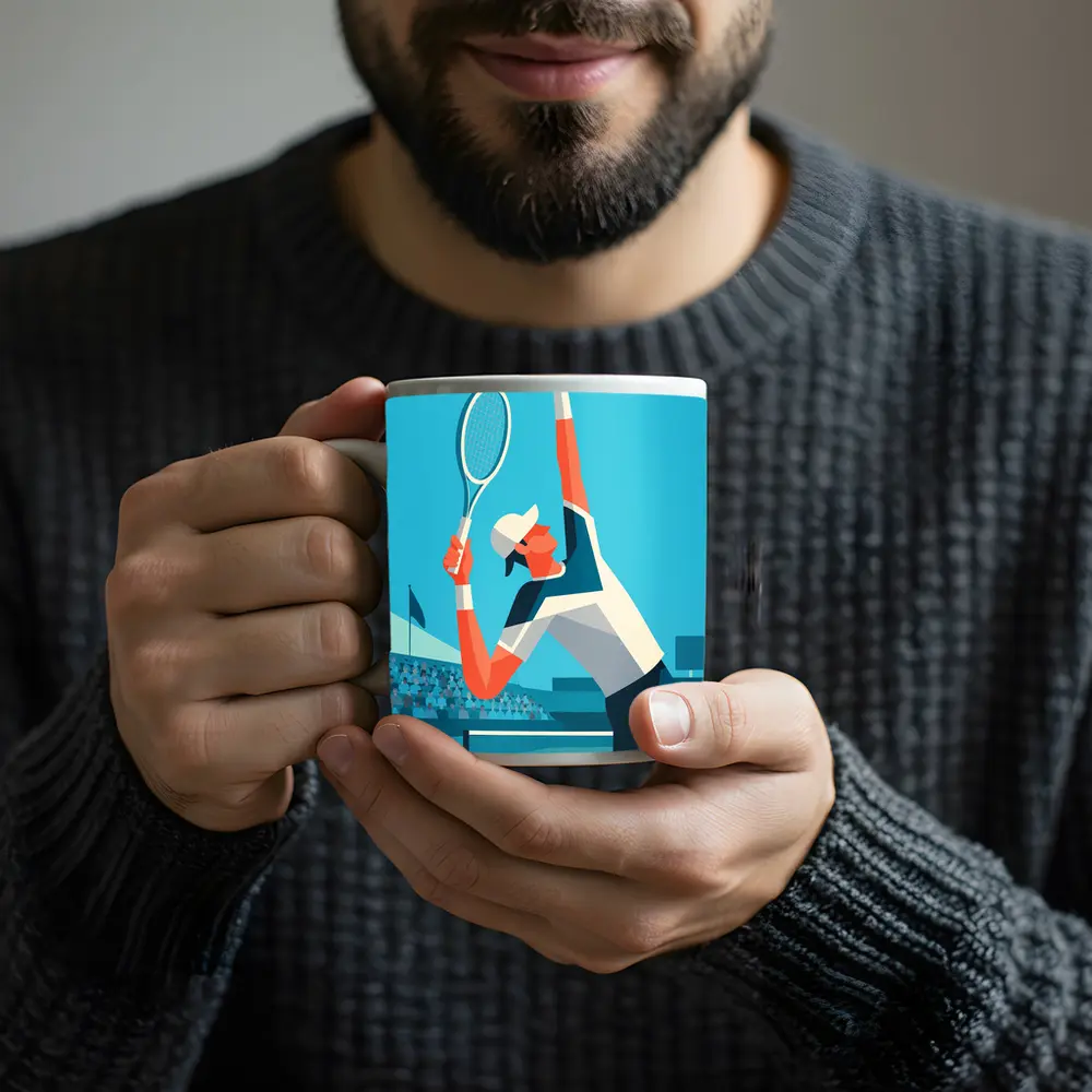 Tennis Player Serving On Blue Court – Mugs