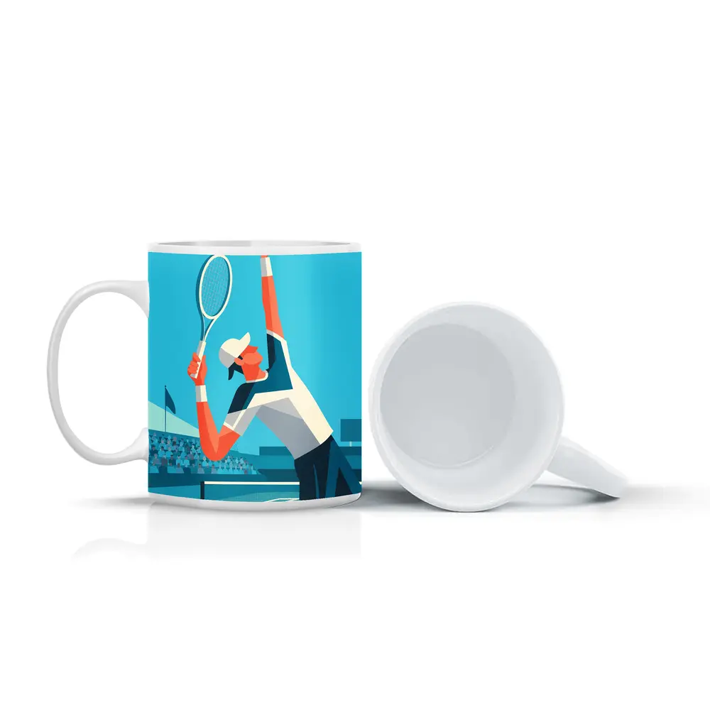Tennis Player Serving On Blue Court – Mugs