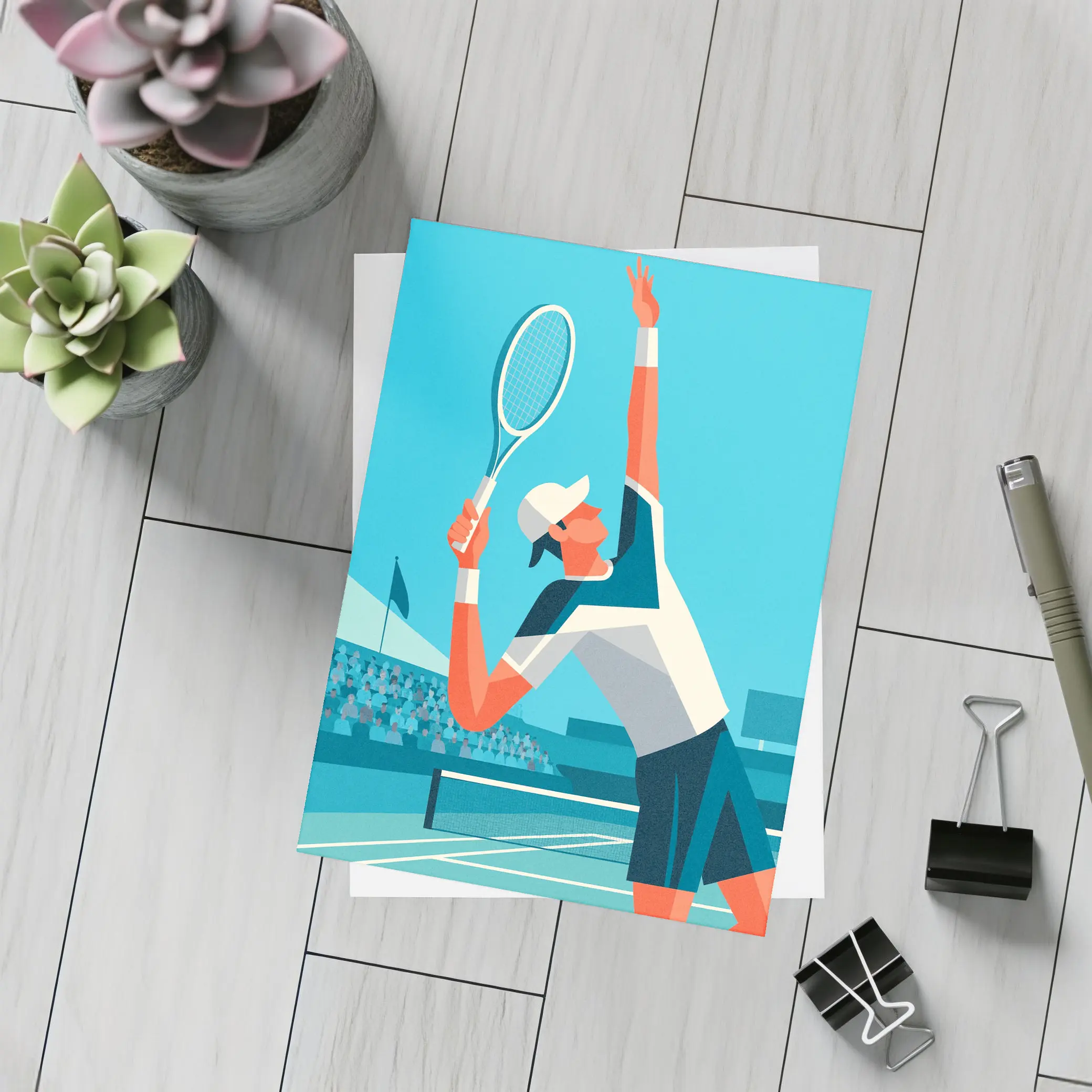 Tennis Player Serving On Blue Court – Postcards