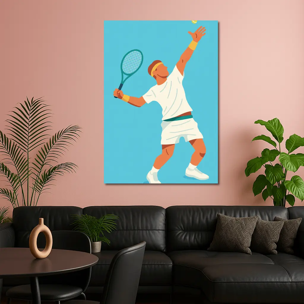 Tennis Player Serving Ball Blue Background – Wall Art