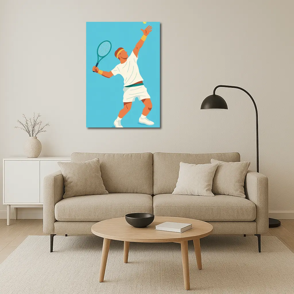 Tennis Player Serving Ball Blue Background – Wall Art