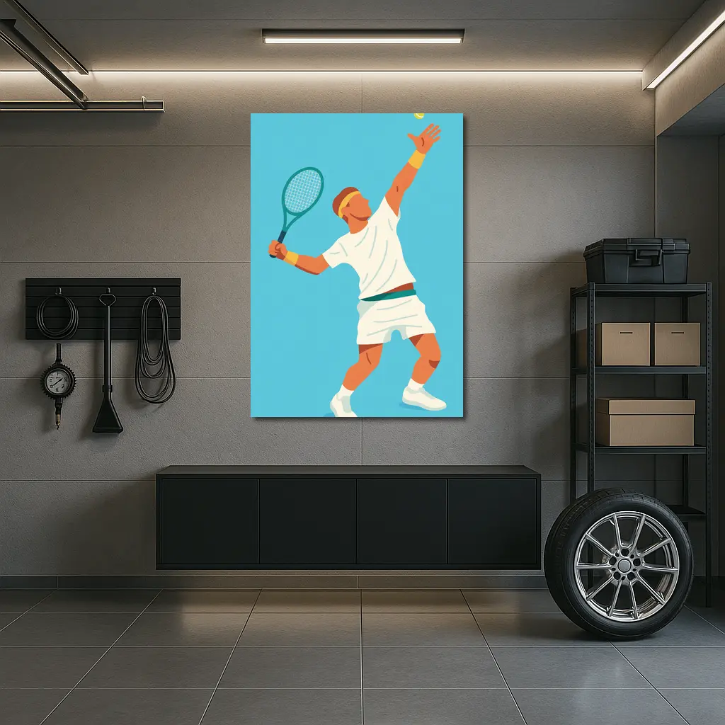 Tennis Player Serving Ball Blue Background – Wall Art