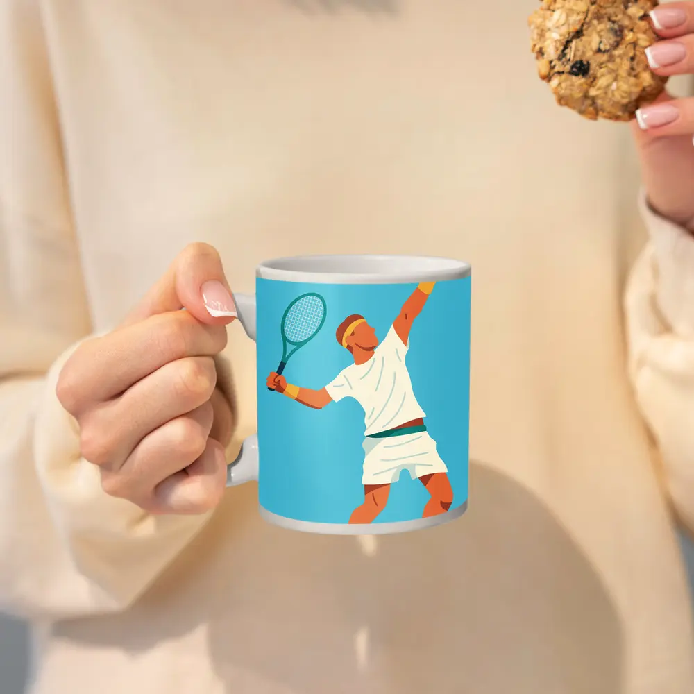 Tennis Player Serving Ball Blue Background – Mugs