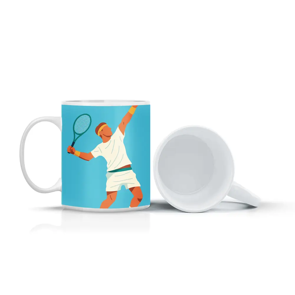 Tennis Player Serving Ball Blue Background – Mugs