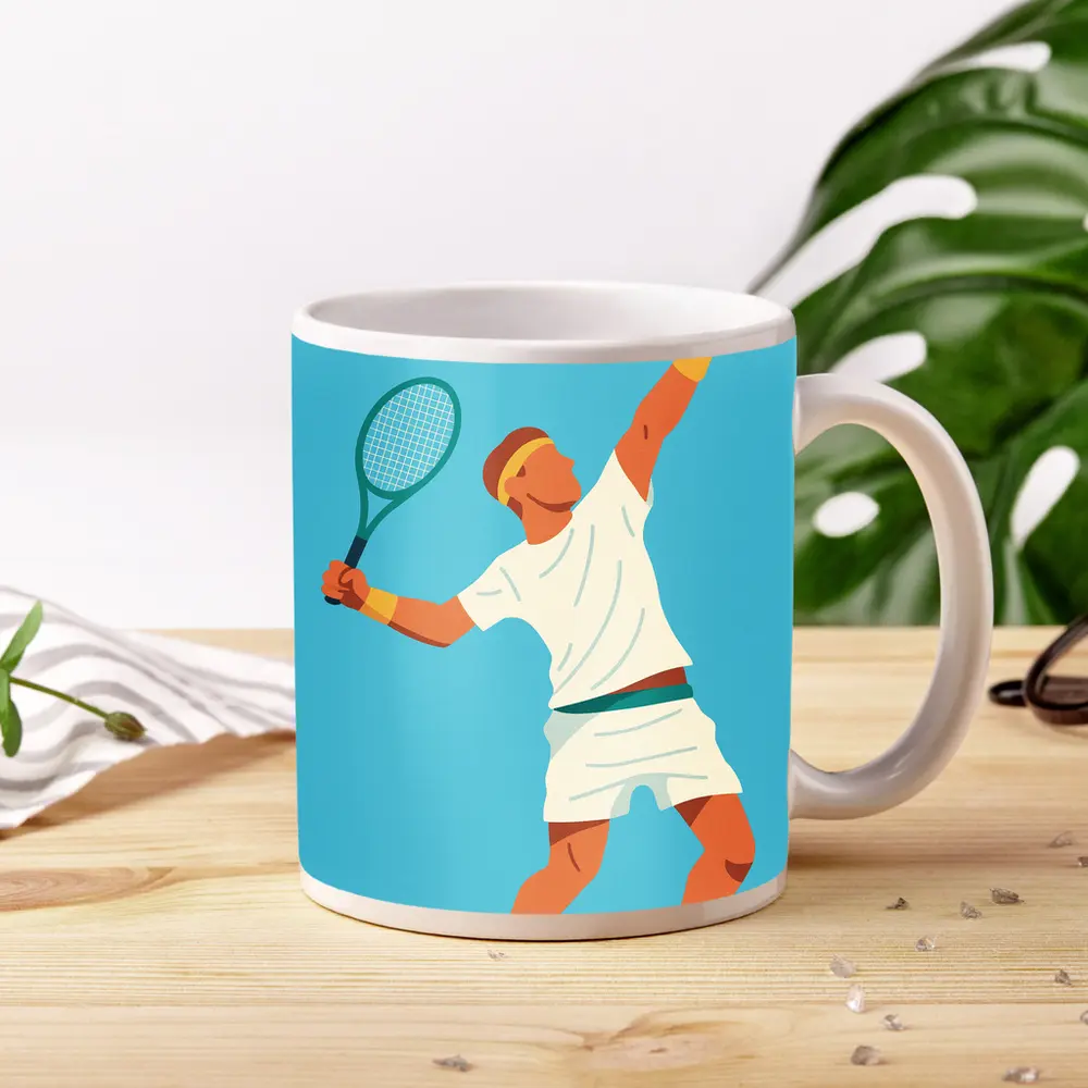 Tennis Player Serving Ball Blue Background – Mugs