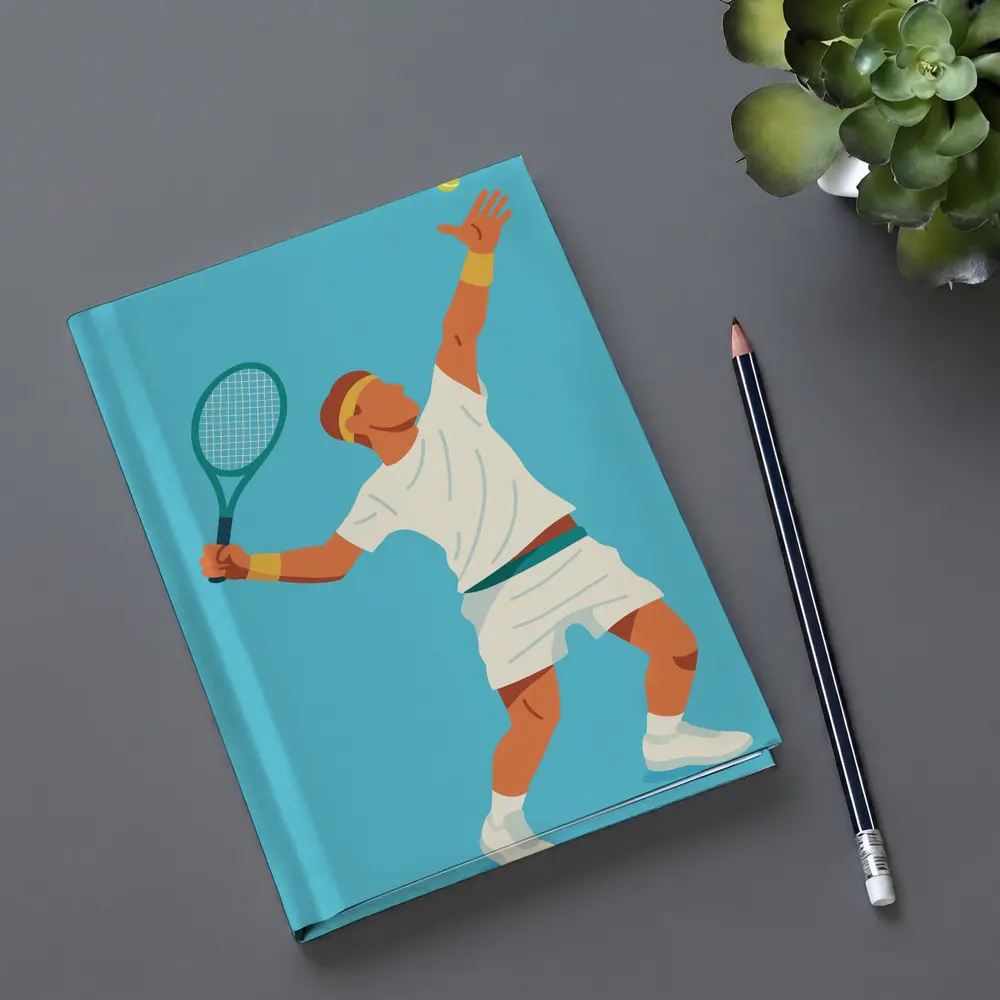 Tennis Player Serving Ball Blue Background – Notebooks