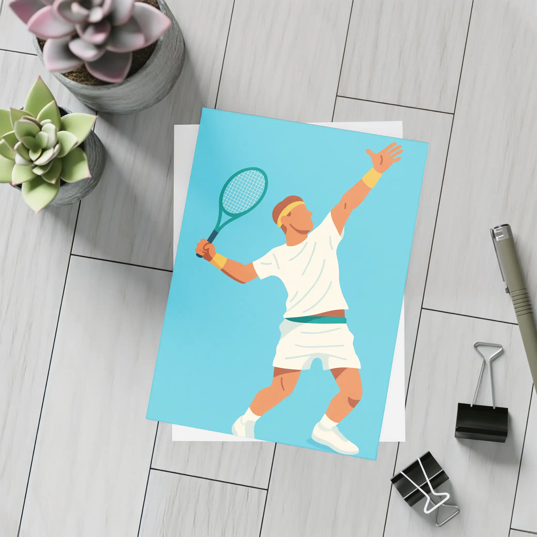 Tennis Player Serving Ball Blue Background – Postcards