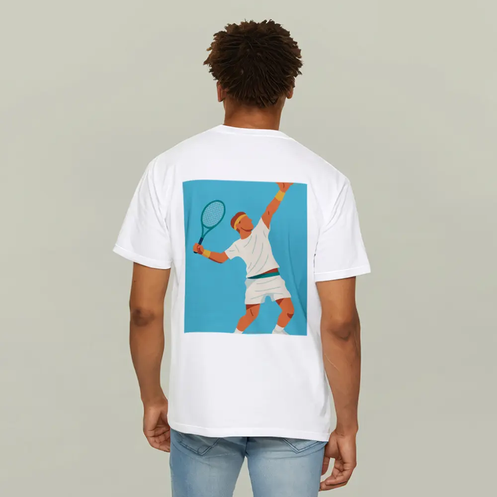 Tennis Player Serving Ball Blue Background – T-Shirts