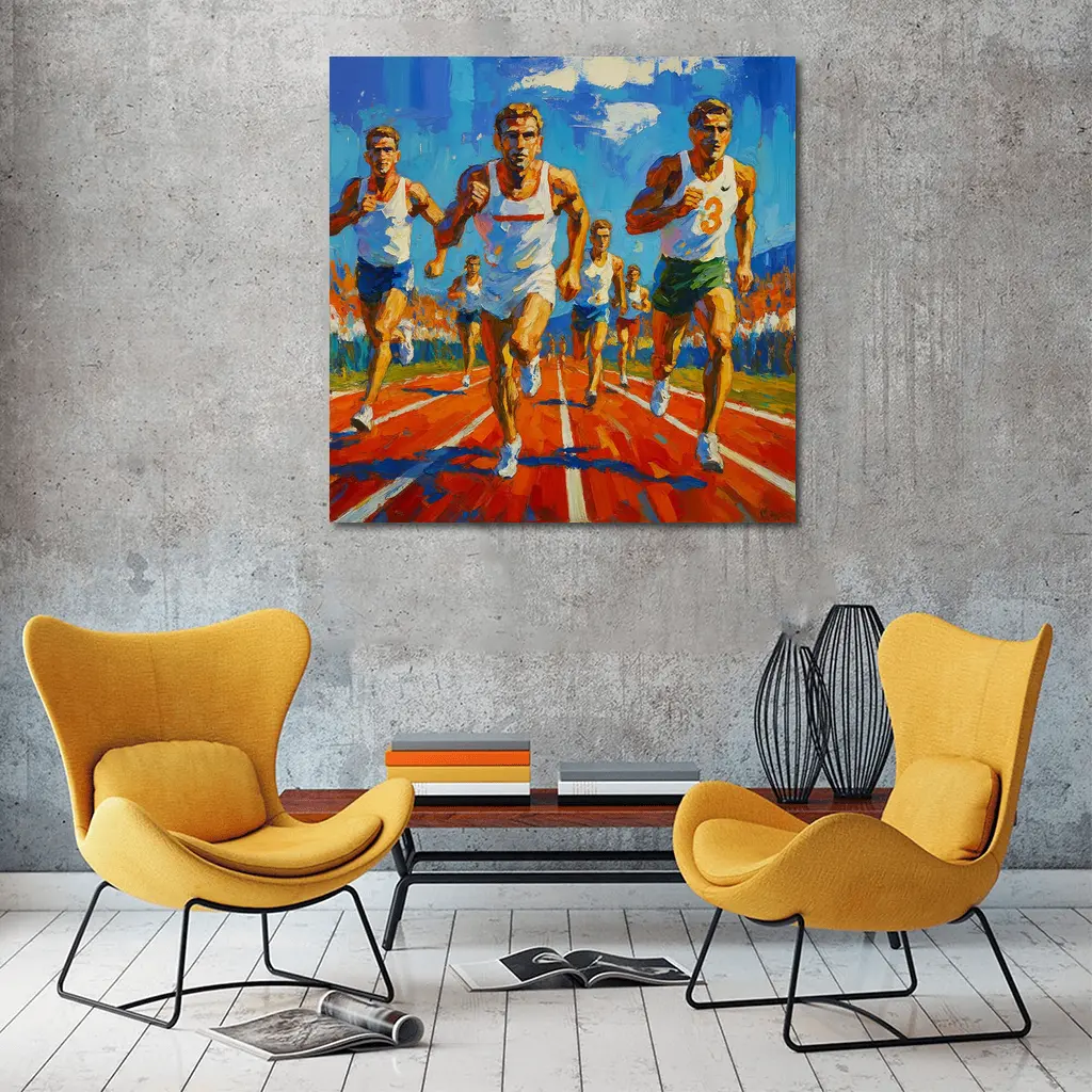 Track Runners Racing Oil Painting Art – Wall Art