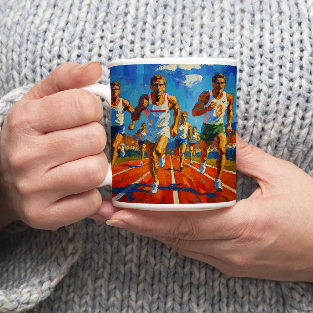 Track Runners Racing Oil Painting Art – Mugs