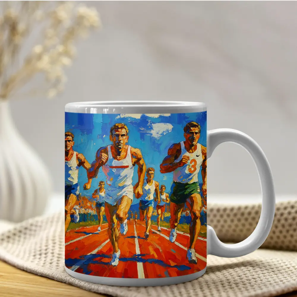 Track Runners Racing Oil Painting Art – Mugs