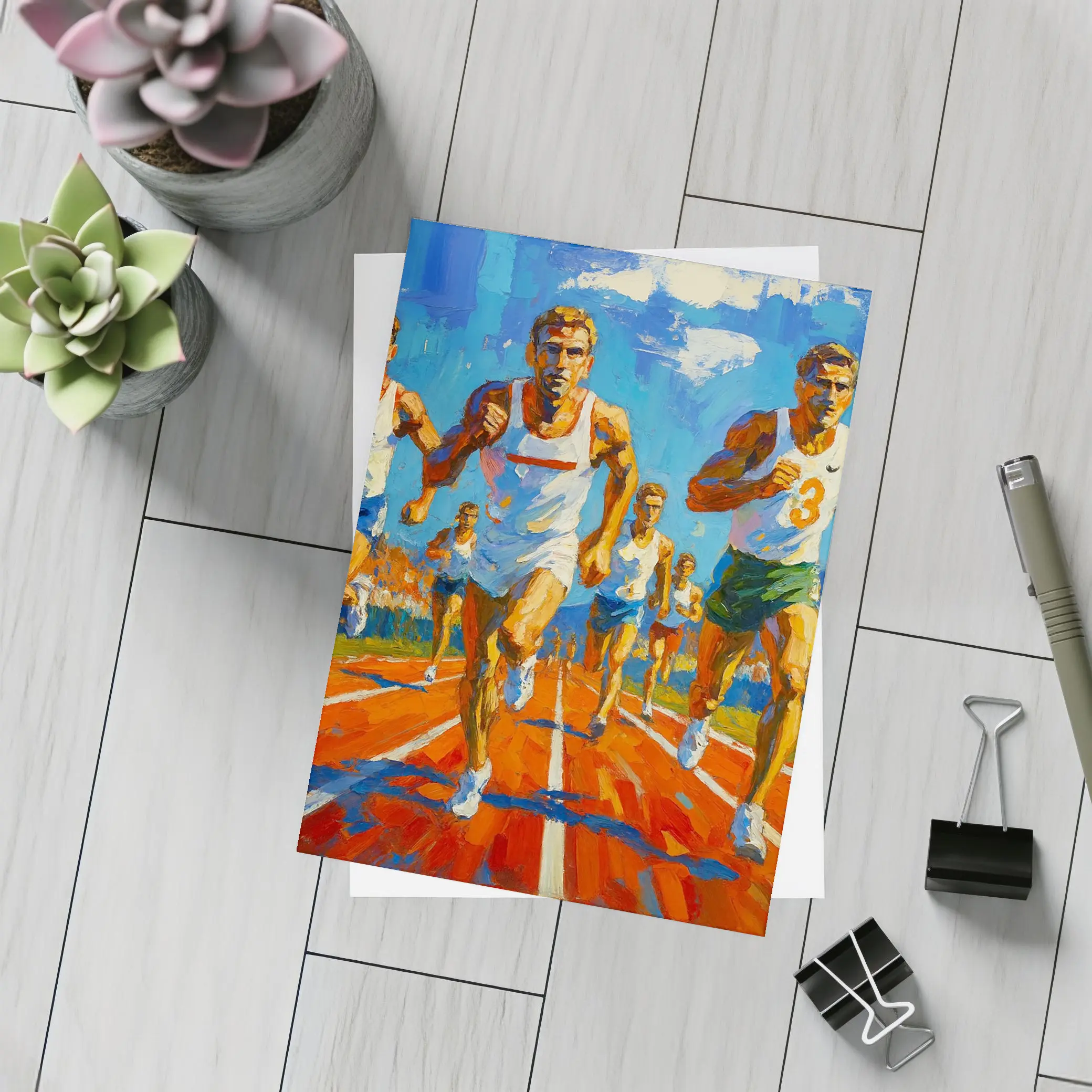 Track Runners Racing Oil Painting Art – Postcards