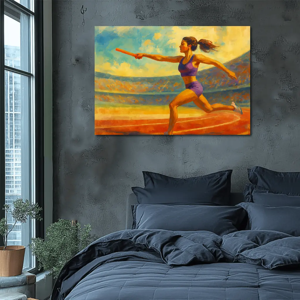 Female Relay Runner Oil Painting Stadium – Wall Art