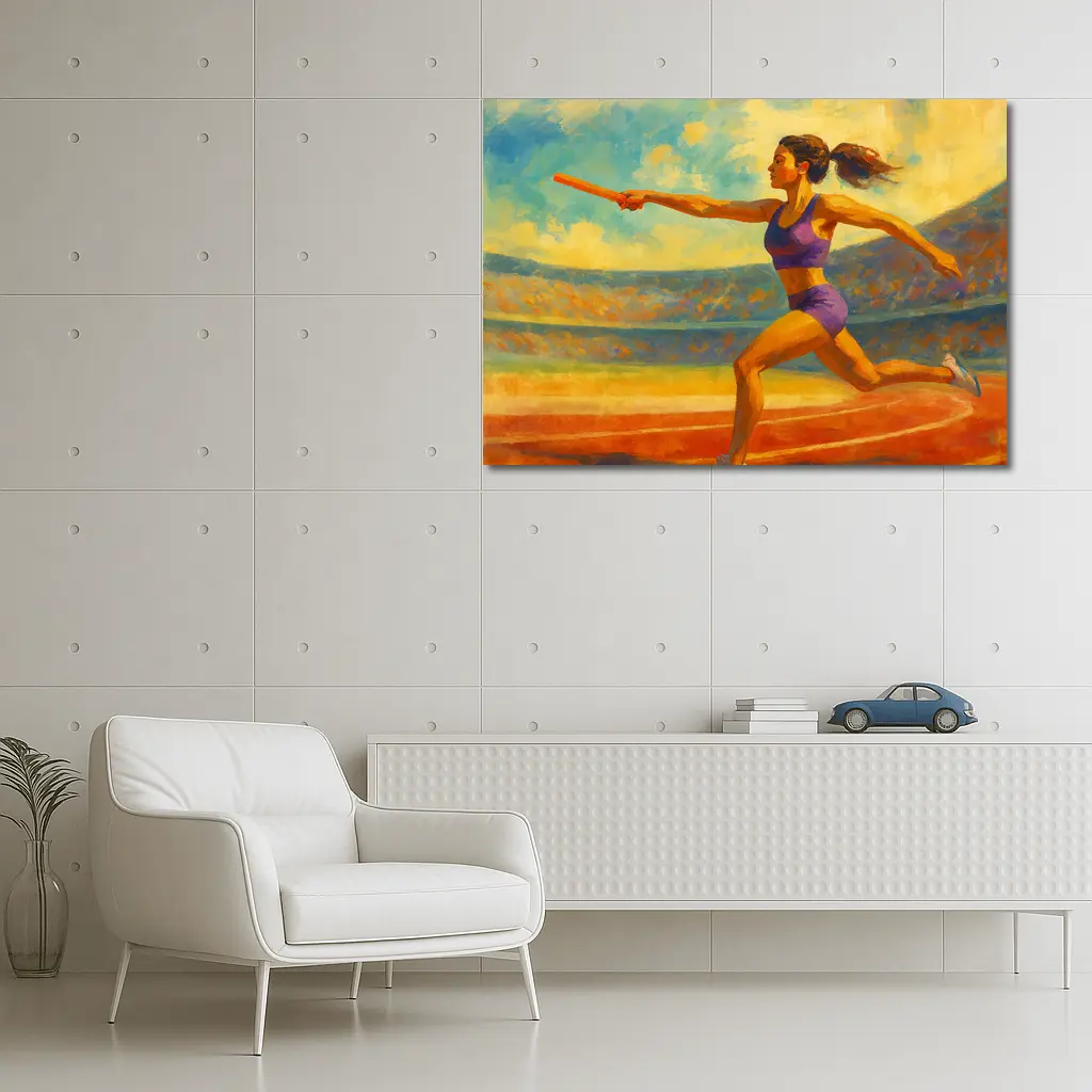 Female Relay Runner Oil Painting Stadium – Wall Art