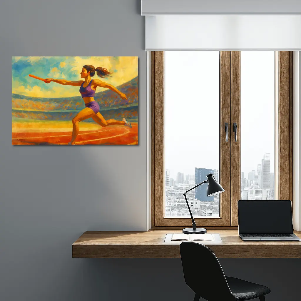 Female Relay Runner Oil Painting Stadium – Wall Art