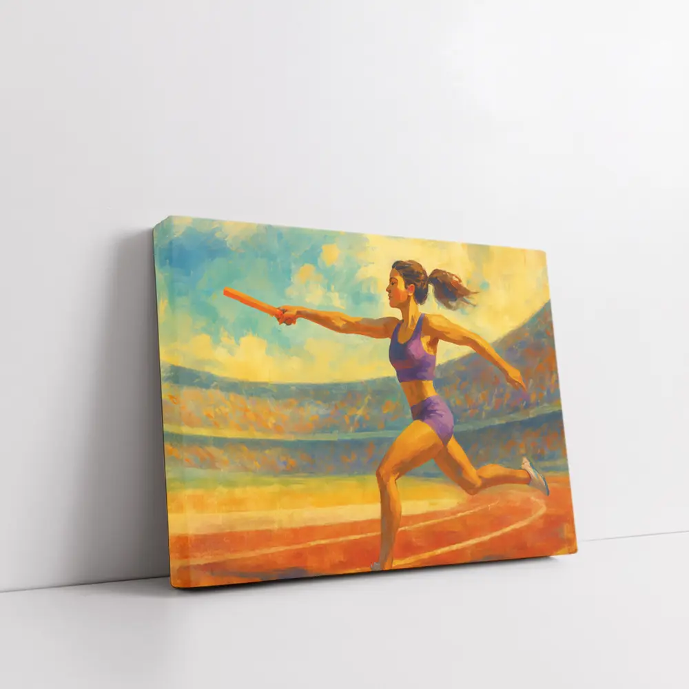 Female Relay Runner Oil Painting Stadium – Wall Art