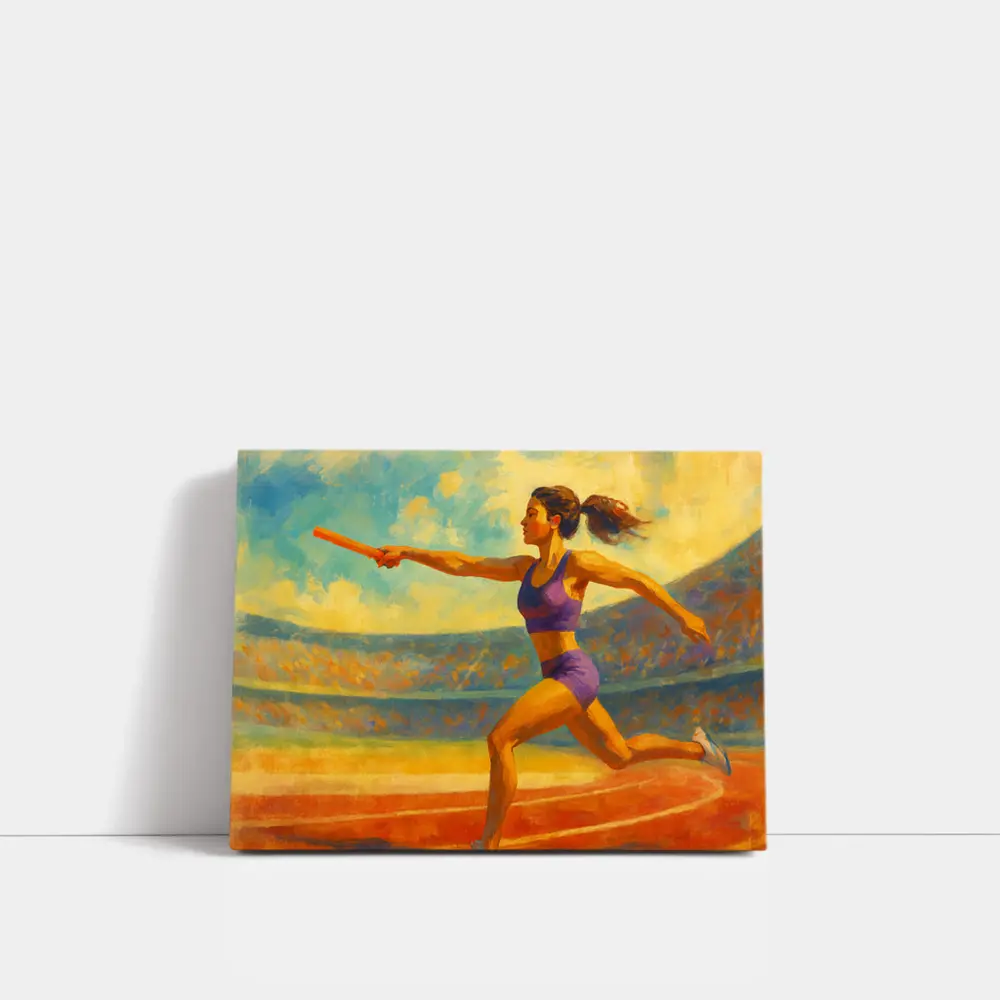 Female Relay Runner Oil Painting Stadium – Wall Art