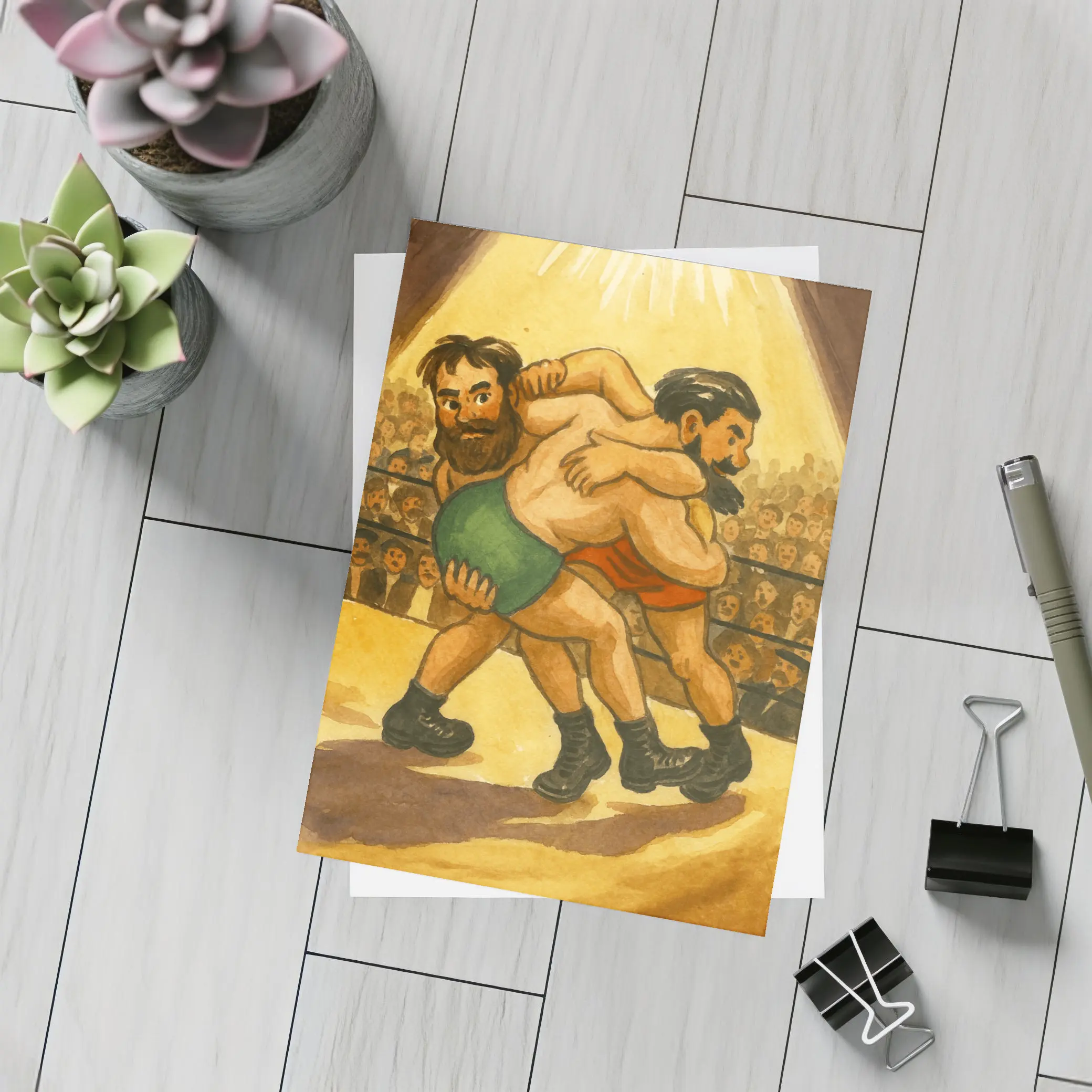 Retro Watercolor Wrestling Match Ring Illustration – Postcards