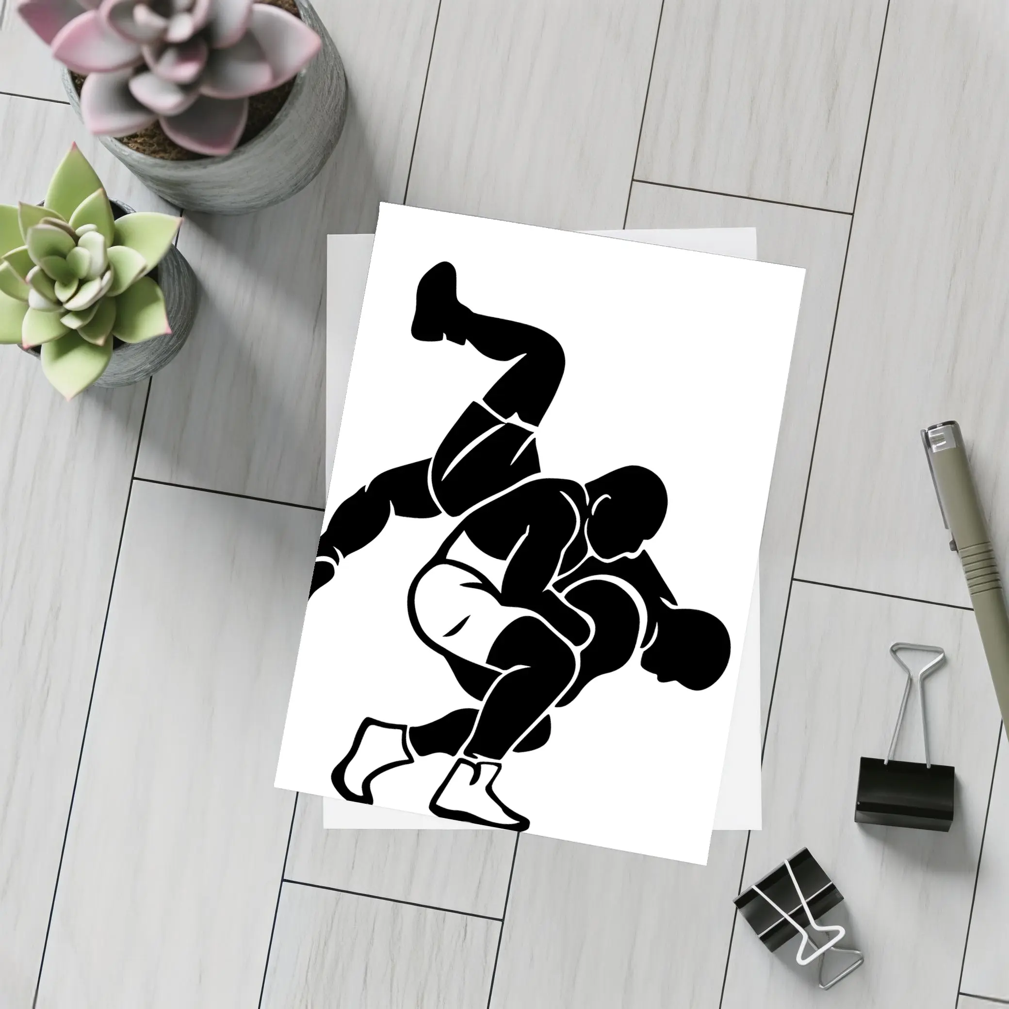 Wrestling Takedown Silhouette Black White Art – Postcards