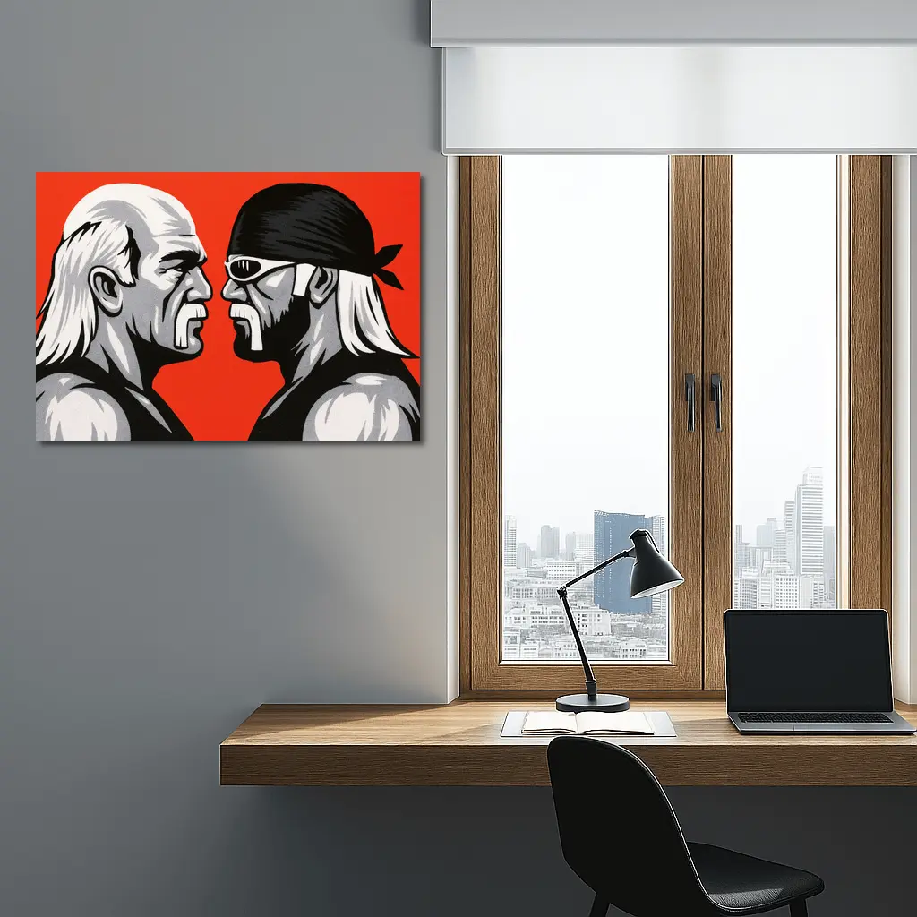 Two Wrestlers Face Off Red Background Art – Wall Art