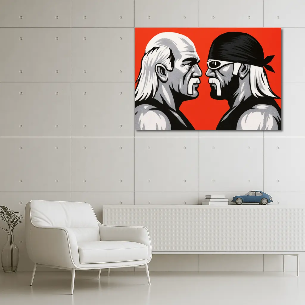 Two Wrestlers Face Off Red Background Art – Wall Art