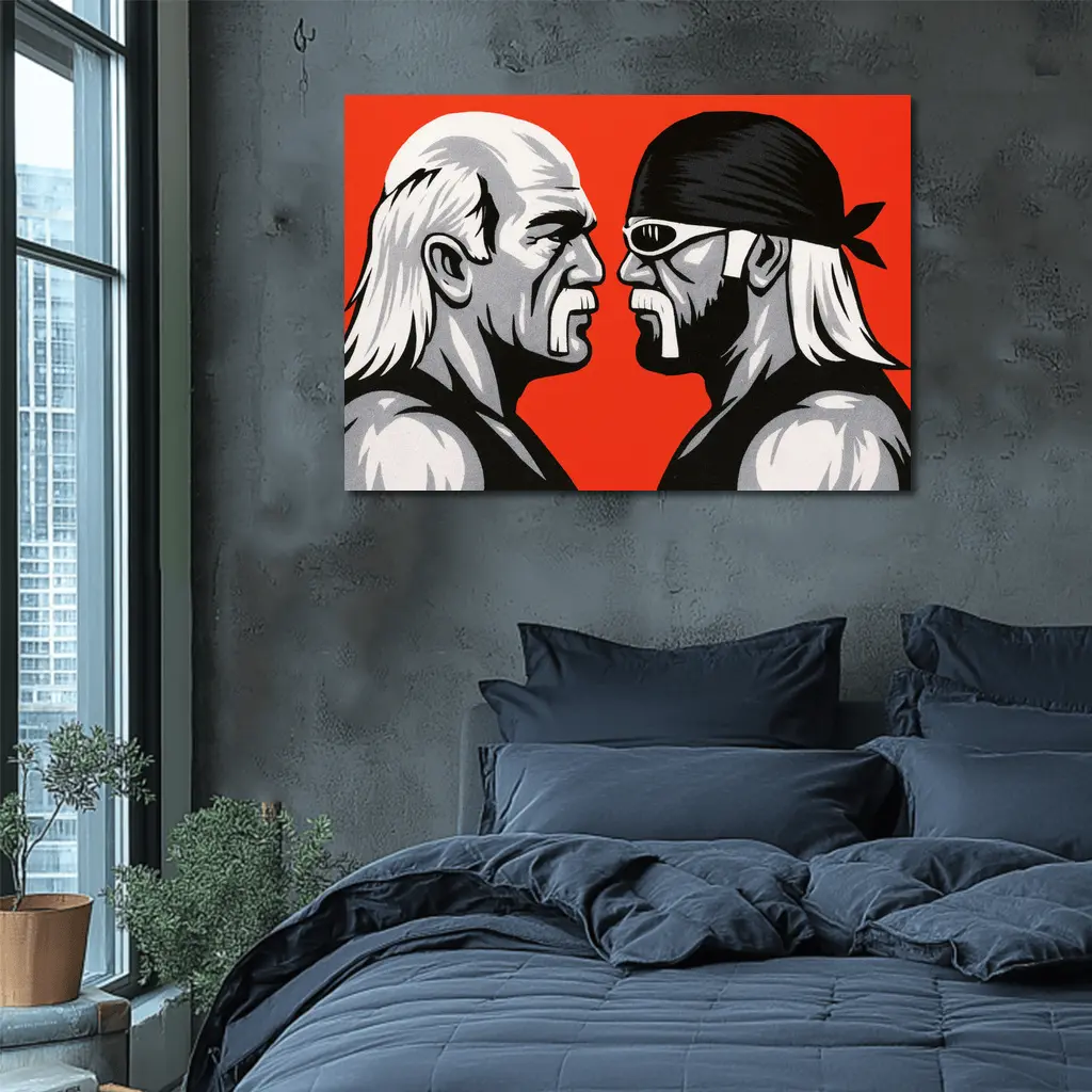 Two Wrestlers Face Off Red Background Art – Wall Art