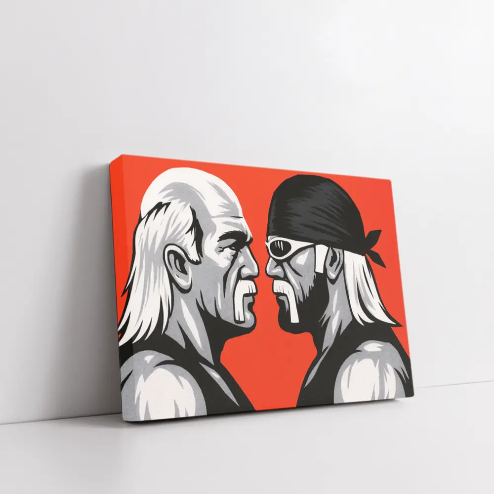 Two Wrestlers Face Off Red Background Art – Wall Art