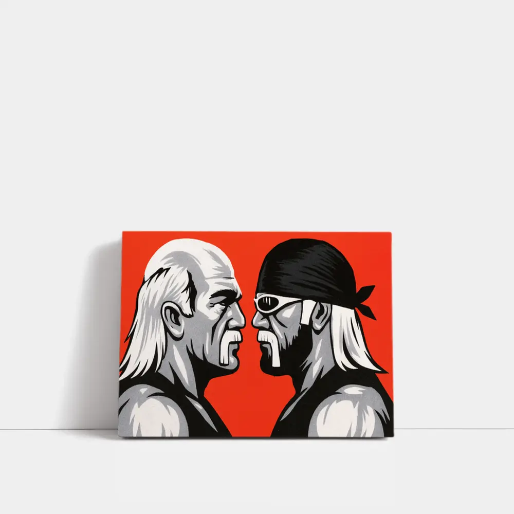 Two Wrestlers Face Off Red Background Art – Wall Art