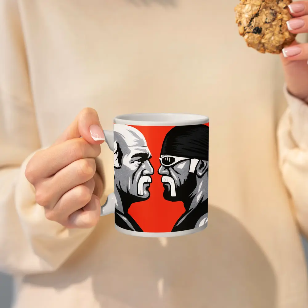Two Wrestlers Face Off Red Background Art – Mugs
