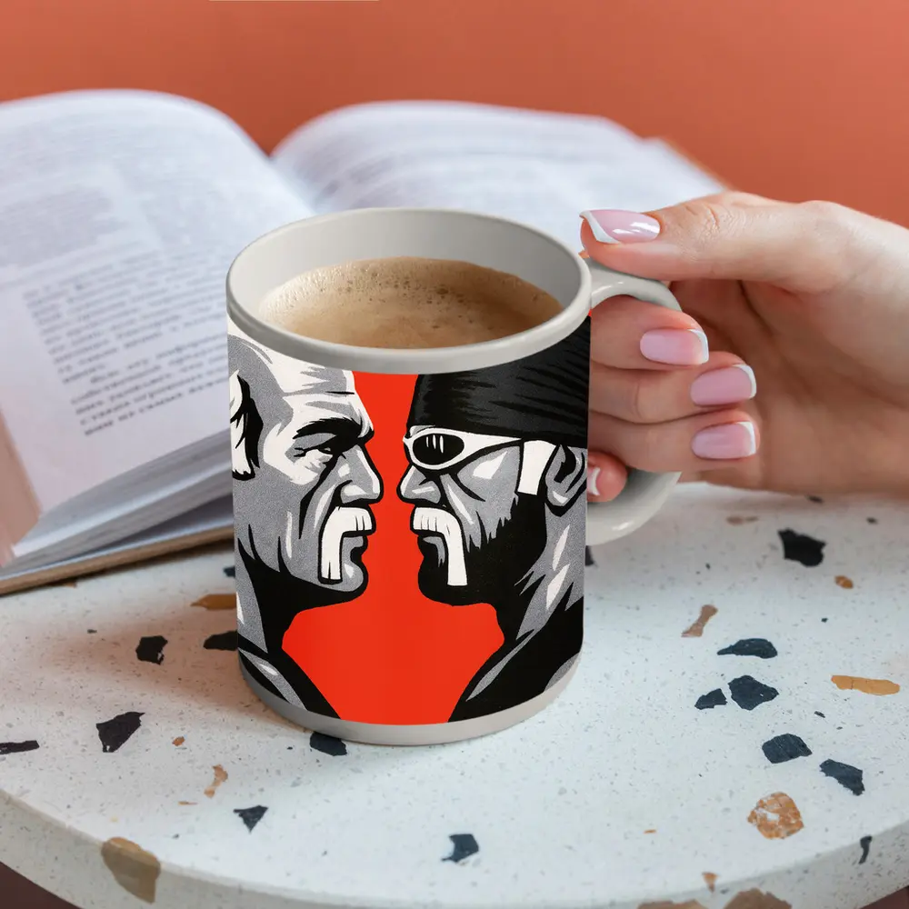 Two Wrestlers Face Off Red Background Art – Mugs