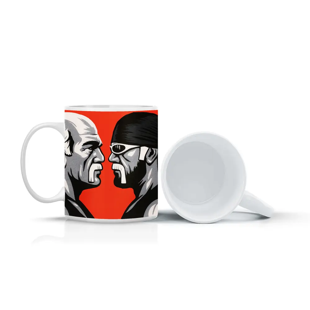 Two Wrestlers Face Off Red Background Art – Mugs
