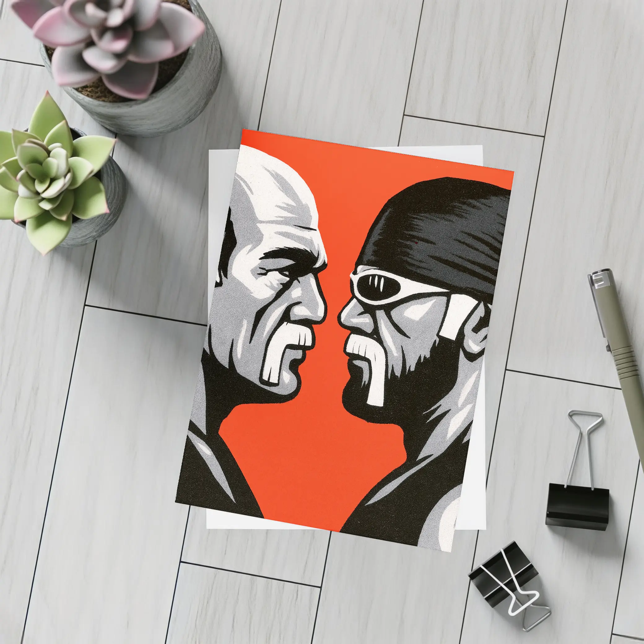 Two Wrestlers Face Off Red Background Art – Postcards