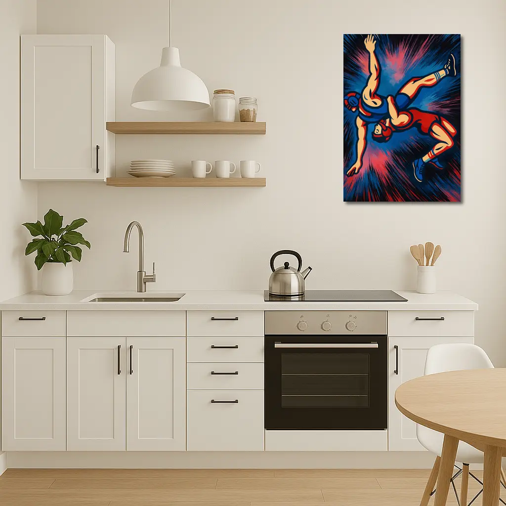 Wrestling Athletes Dynamic Pop Art Dark Background – Wall Art