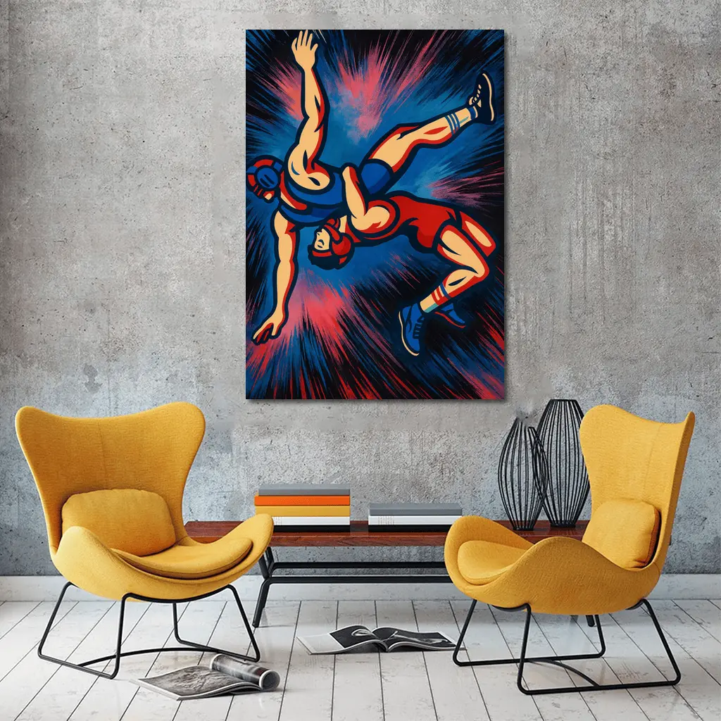 Wrestling Athletes Dynamic Pop Art Dark Background – Wall Art