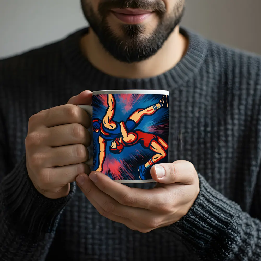 Wrestling Athletes Dynamic Pop Art Dark Background – Mugs