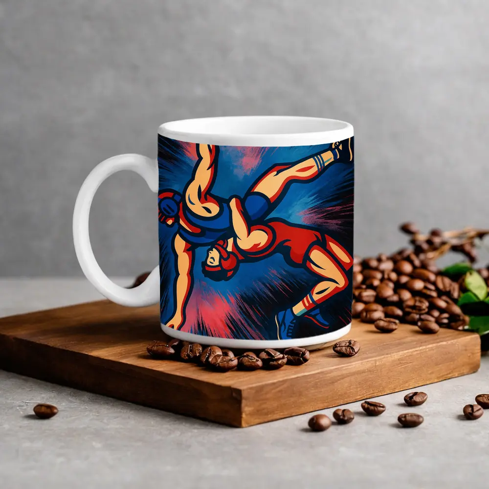 Wrestling Athletes Dynamic Pop Art Dark Background – Mugs